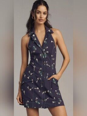 Maeve Anthropology The Amelia Key-Print Collar Halter Mini Dress Indigo Blue Lrg